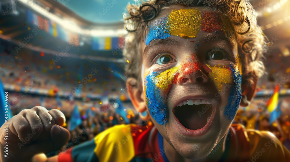 Joyful Young Fan with Painted Face Cheering at a Crowded Soccer Stadium