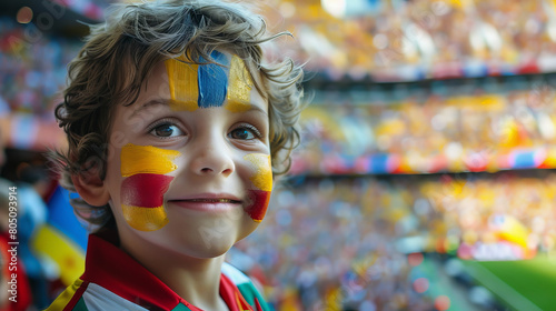 Obraz na płótnie Joyful Young Fan with Painted Face Cheering at a Crowded Soccer Stadium w salonie