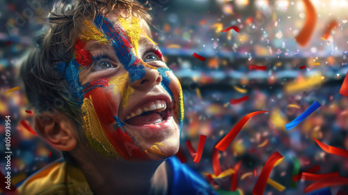 Obraz na płótnie Joyful Young Fan with Painted Face Cheering at a Crowded Soccer Stadium w salonie
