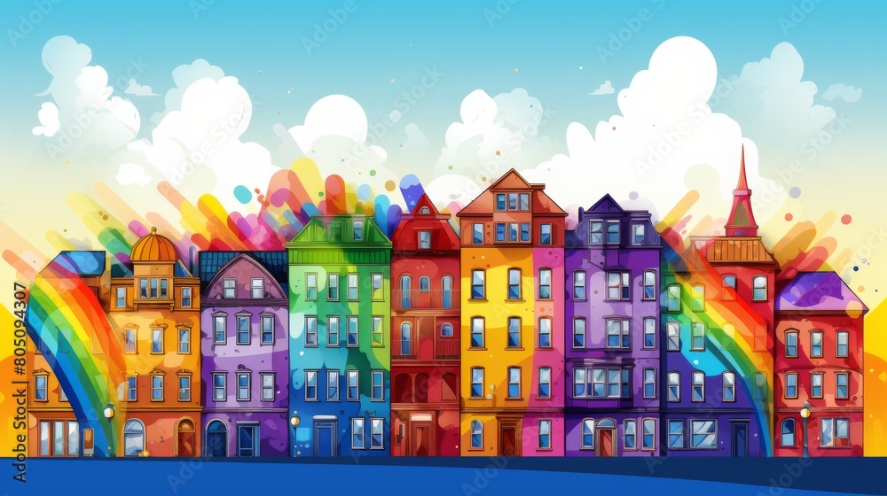 A vibrant cityscape with a rainbow-painted building shining brightly