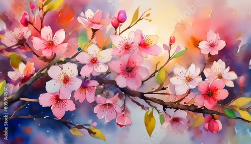 Watercolor painting of cherry blossoms  the concept is very beautiful  with blurred background