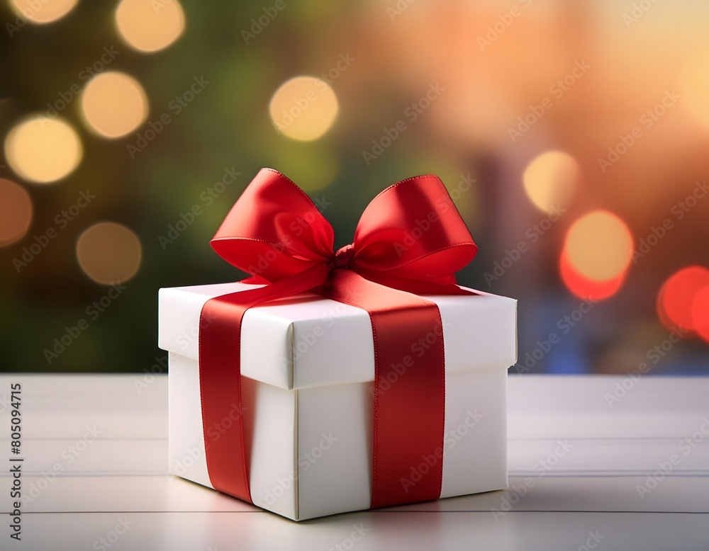 White gift box with red bow with blur background