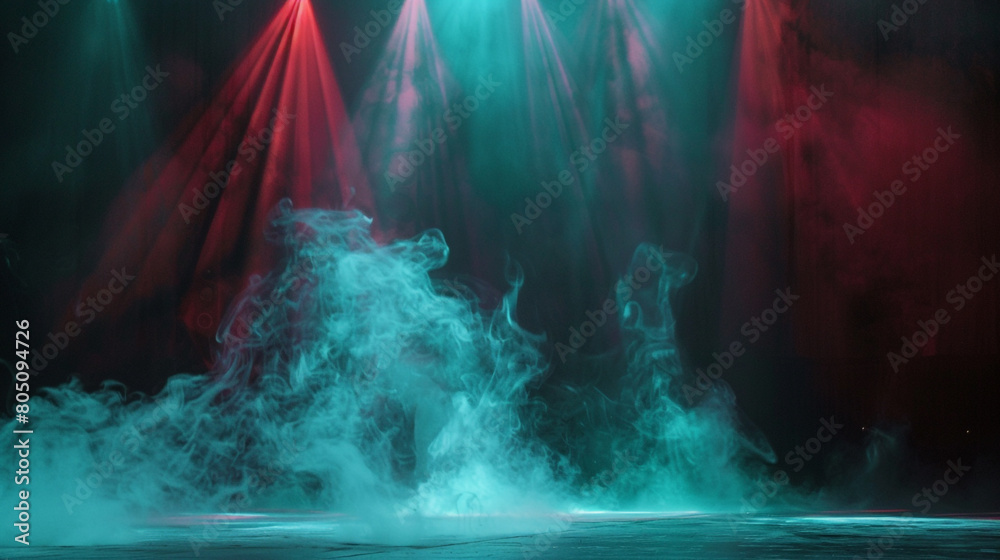 Soft pastel turquoise smoke curling across a stage under a dark red spotlight, casting a serene, contrasting glow.