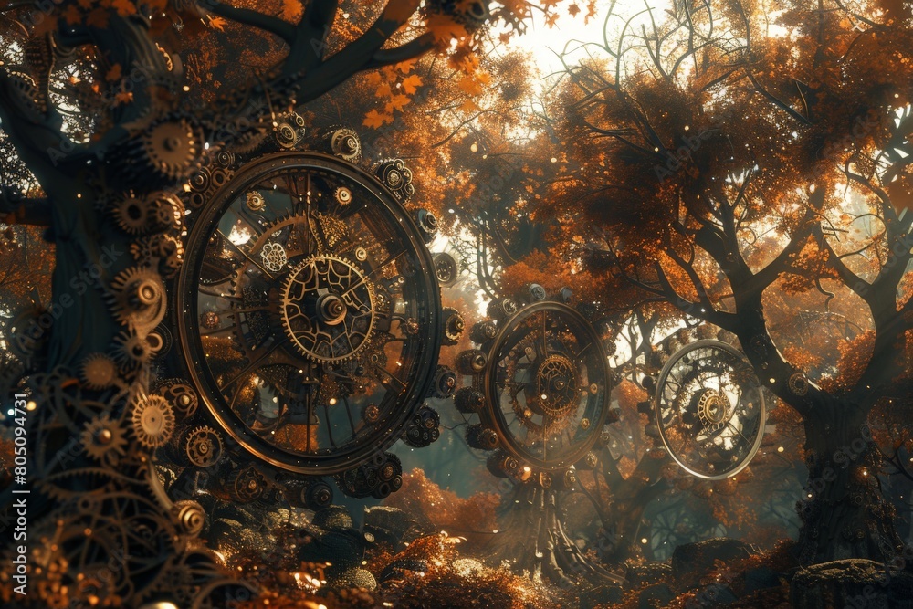 Envision a forest where the trees are intricate clockwork mechanisms. Golden gears turn in harmony with the wind, and the leaves are delicate metallic filigree that chime melodically