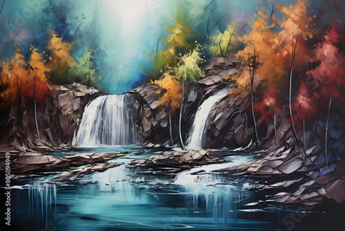 mystical waterfall by lake  abstract landscape art  painting background  wallpaper