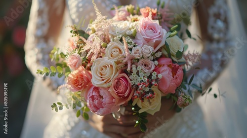 A Close-Up of the Bride as She Holds a Beautiful Wedding Bouquet Comprising Fresh Flowers, Radiating Beauty and Grace on Her Special Day