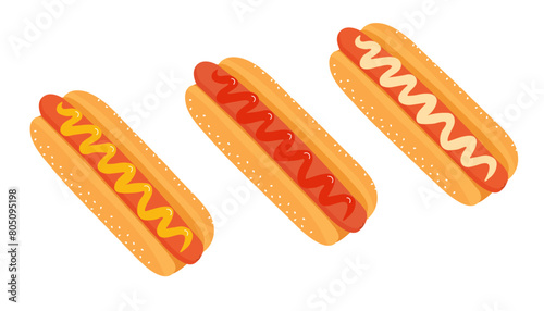 Hot dog with mustard, mayonnaise, ketchup in flat style, vector illustration isolated on white background