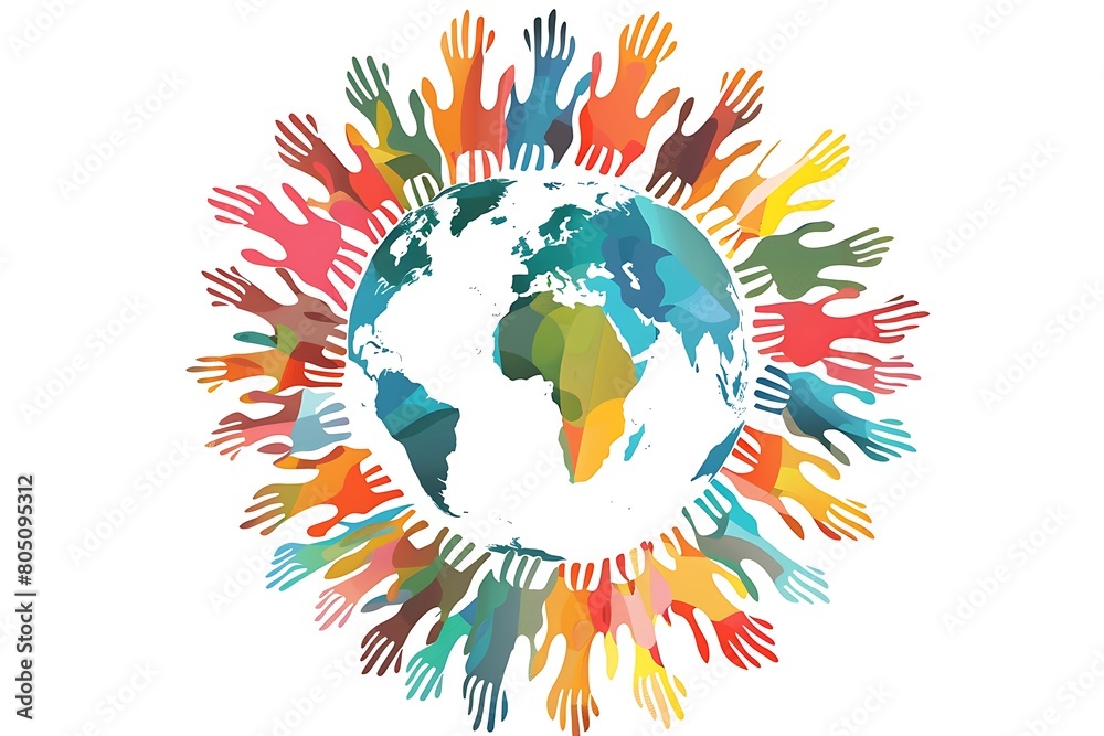 Illustration of hands around the world design isolated on white background. .