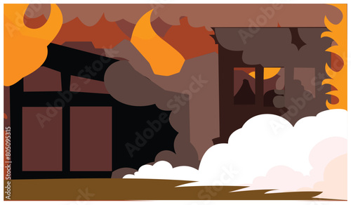 Burning house in cartoon style. Background illustration of a wide house that depicts conditions of a fire. Design elements of the background illustration depicting a fire disaster