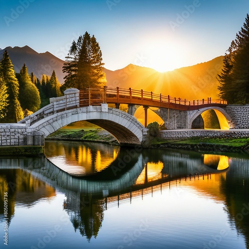 clapper bridge spanning the tranquil waters below. As the sun rises behind the towering mountains photo