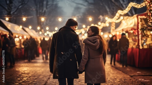 Young couple in love walking in the Christmas market