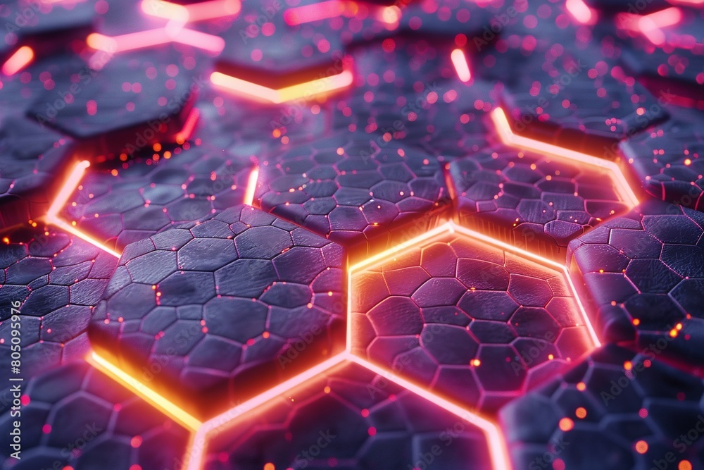Obraz premium 3D render Abstract background hexagon pattern with glowing lights.
