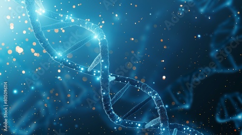 The blue background uses a futuristic and high-tech DNA double helix structure.