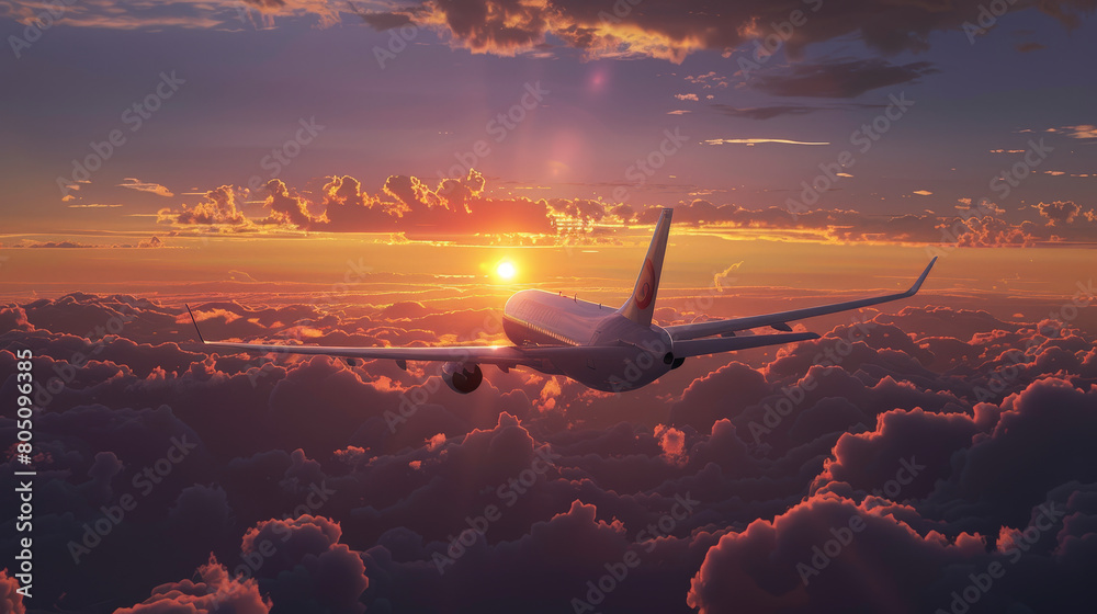 Serene Aerial View of a Commercial Airplane Flying at Sunset Above the Clouds