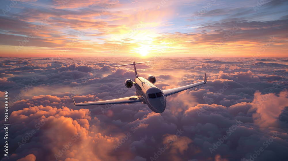 Serene Aerial View of a Commercial Airplane Flying at Sunset Above the Clouds