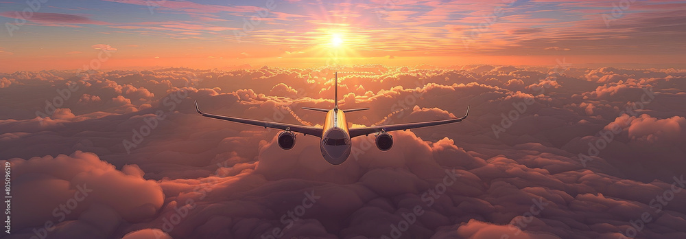 Serene Aerial View of a Commercial Airplane Flying at Sunset Above the Clouds