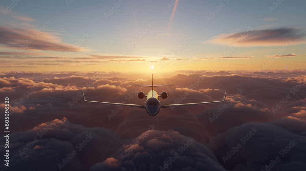 Serene Aerial View of a Commercial Airplane Flying at Sunset Above the Clouds