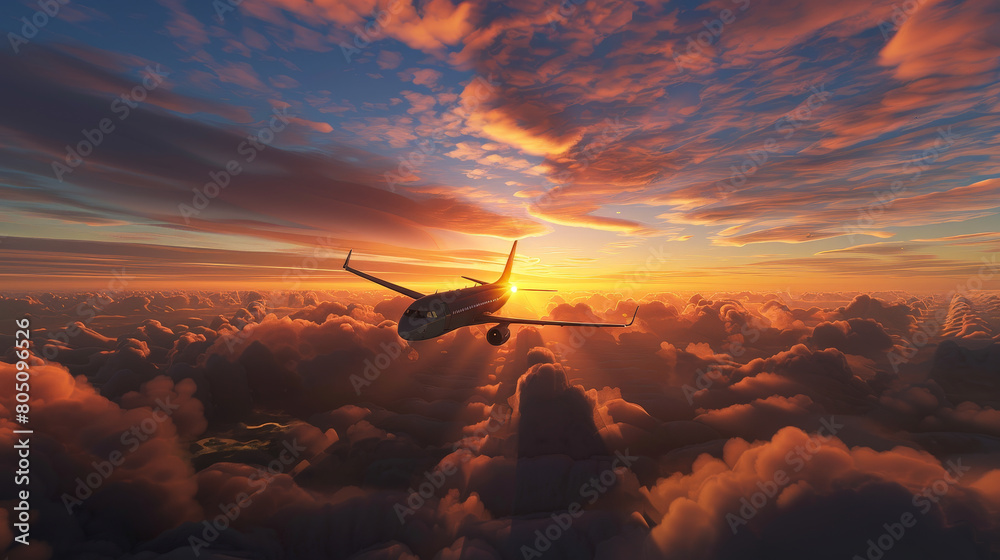 Serene Aerial View of a Commercial Airplane Flying at Sunset Above the Clouds
