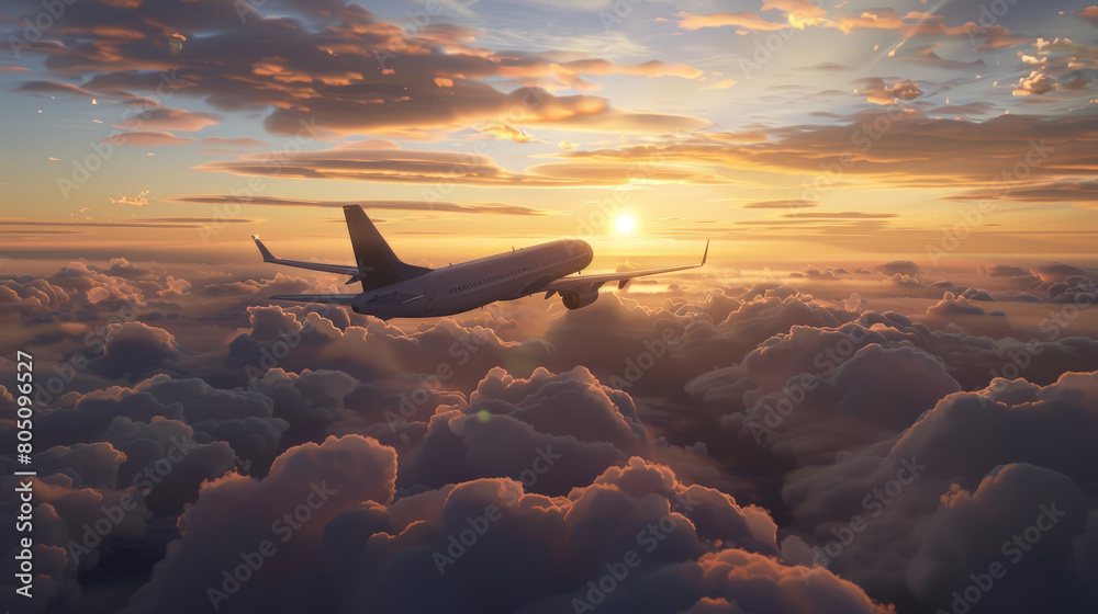 Serene Aerial View of a Commercial Airplane Flying at Sunset Above the Clouds