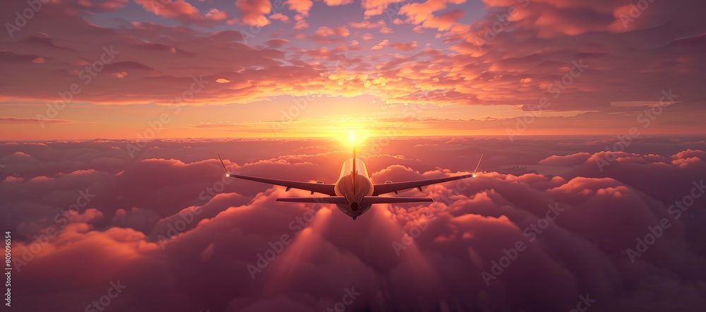 Serene Aerial View of a Commercial Airplane Flying at Sunset Above the Clouds