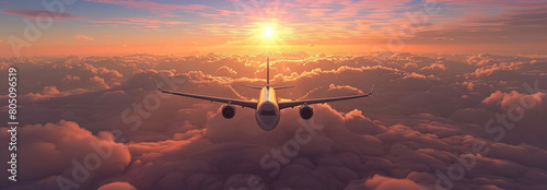 Obraz na płótnie Serene Aerial View of a Commercial Airplane Flying at Sunset Above the Clouds w salonie