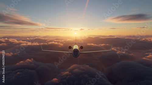 Obraz na płótnie Serene Aerial View of a Commercial Airplane Flying at Sunset Above the Clouds w salonie