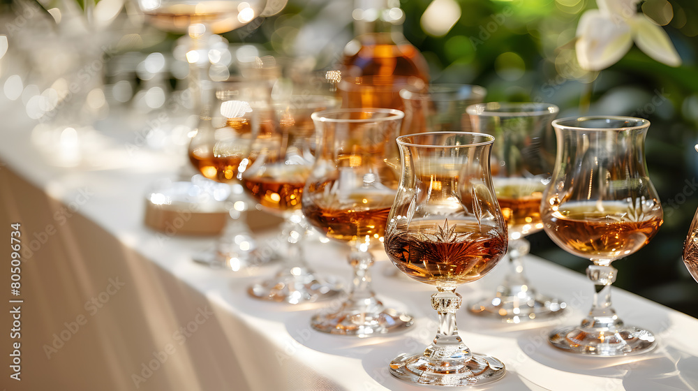 Row of wine glasses with brown liquid on bar table