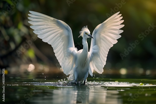 Little egret with spread wings in water, nature, Wild animal, bird, In motion. Little egret with spread wings in water. .