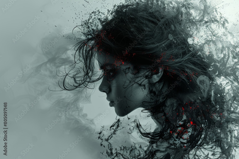 Abstract digital artwork with fluid smoke-like textures creating the silhouette of a figure with a deliberately obscured face area Abstract digital artwork with fluid smoke-like textures creating the silhouette of a figure with a deliberately obscured face area