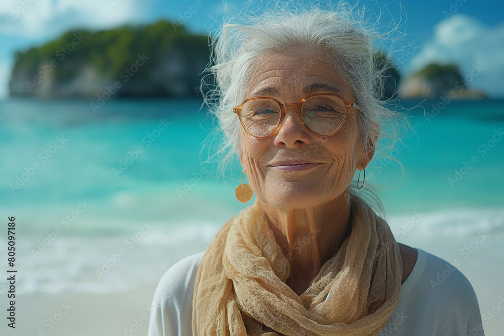 Old woman near ocean, created with Generative AI technology