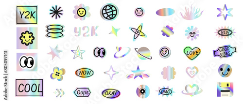 Y2k elements set with gradient, 2000s holographic stickers in retro 00s style. Can use for vector futuristic banner, poster, greeting card. Abstract aesthetic y2k set, silver shapes with quotes