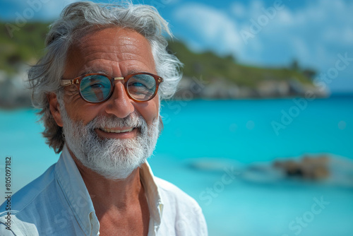 Old man near ocean, created with Generative AI technology photo