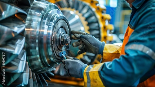 Equipment Maintenance: The engineer working on a large piece of machinery, wearing safety gloves and using tools to perform routine maintenance tasks. Generative AI