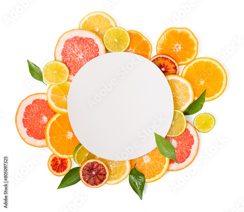 Mock up with citrus fruits over white background with copy space. Slices of citrus fruit isolated over white background.