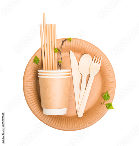 Zero waste disposable kraft paper food containers set with leaves isolated over white background.