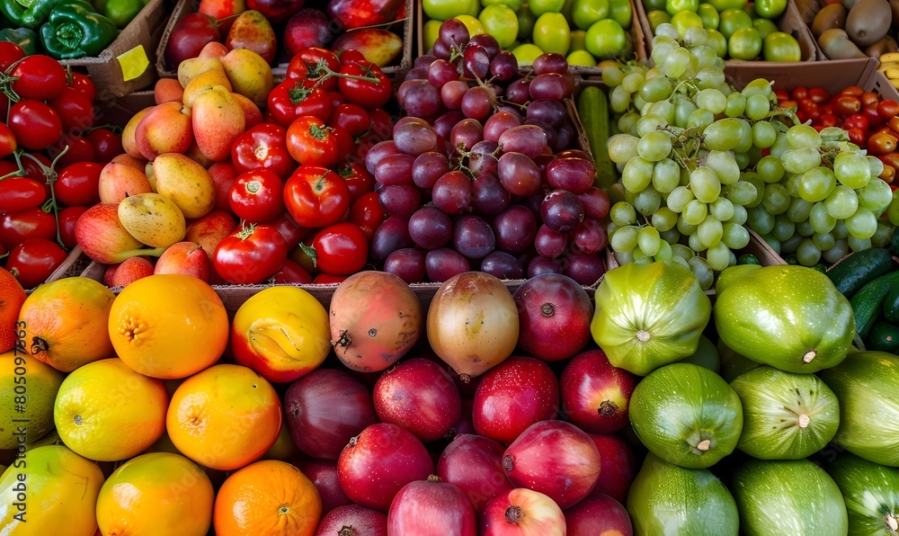 A vibrant mix of fruits and vegetables piled together in the produce section, Generative AI A vibrant mix of fruits and vegetables piled together in the produce section, Generative AI