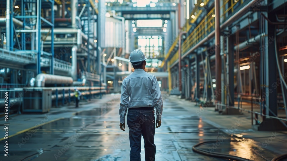 Factory worker in a hard hat is walking through industrial facilities. Generative AI