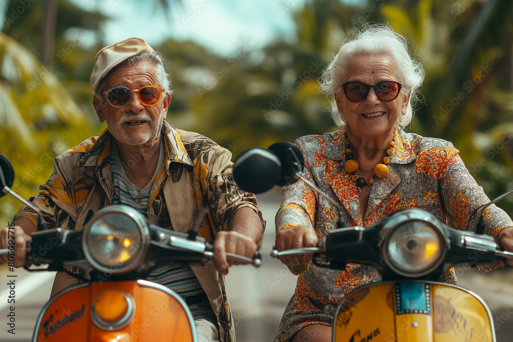 Happy old couple riding on scooters, created with Generative AI technology