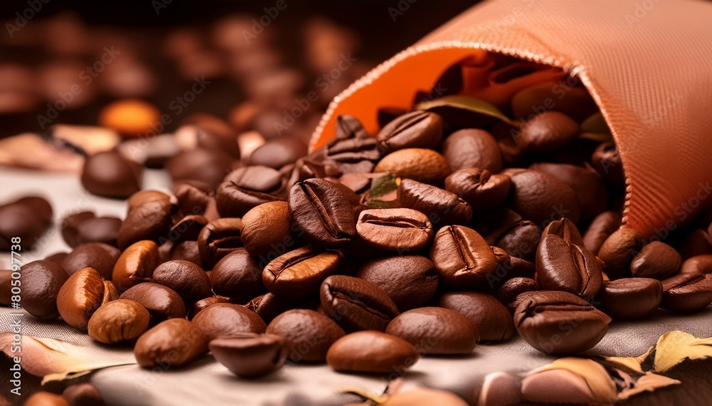 Fototapeta premium coffee beans in a bag, Coffee Bean Perfection, A Close-up of Roasted Coffee Beans