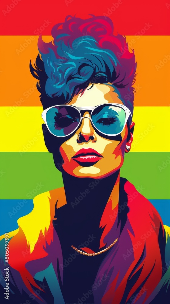 A painting showcasing an androgynous androgynous woman with stylish sunglasses