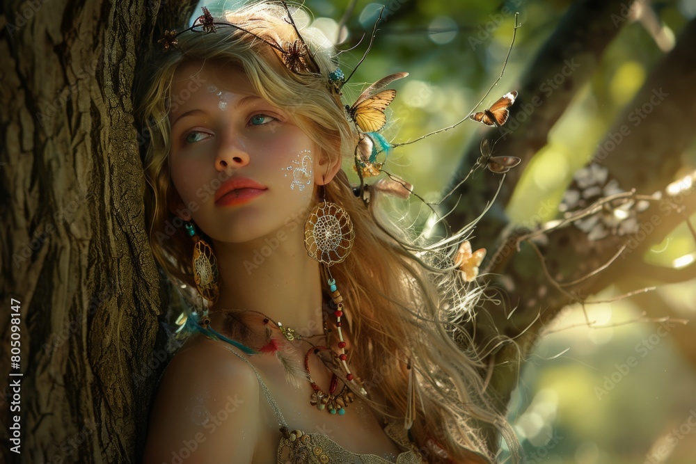 An ancient oak tree, the boho girl rests--a dream weaver in a wildflower sanctuary. Her blonde hair cascades like sunlight, adorned with feathers and beads--each trinket a memory An ancient oak tree, the boho girl rests--a dream weaver in a wildflower sanctuary. Her blonde hair cascades like sunlight, adorned with feathers and beads--each trinket a memory