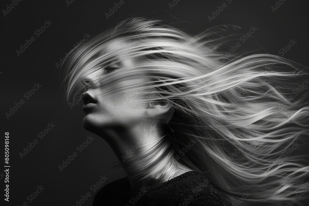 A surreal black and white portrait, where a woman’s swift turn of her head creates a ghostly streak against a stark background A surreal black and white portrait, where a woman’s swift turn of her head creates a ghostly streak against a stark background