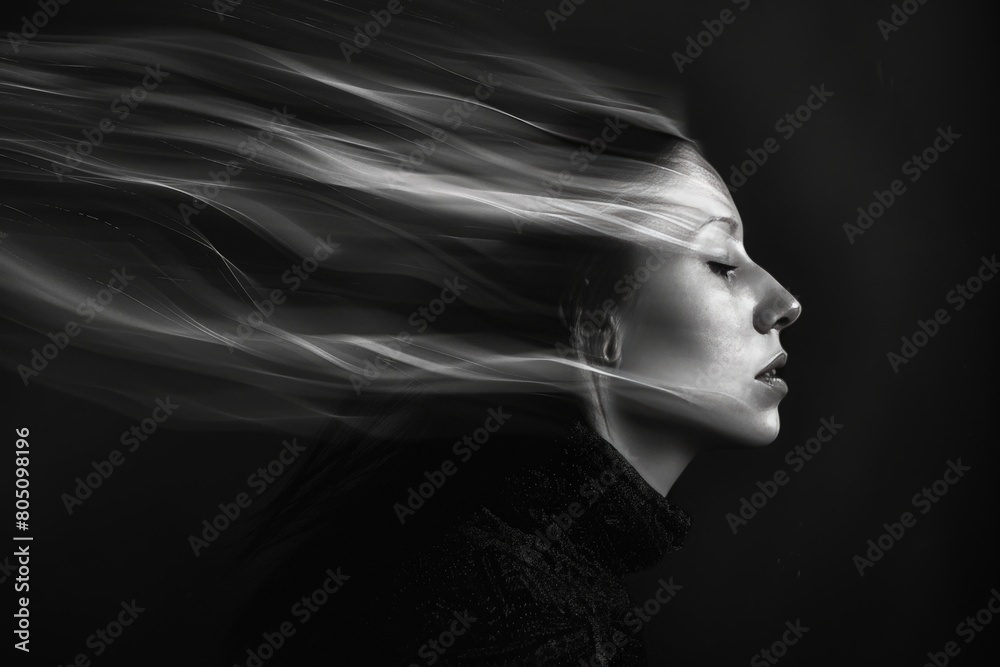 A surreal black and white portrait, where a woman’s swift turn of her head creates a ghostly streak against a stark background A surreal black and white portrait, where a woman’s swift turn of her head creates a ghostly streak against a stark background