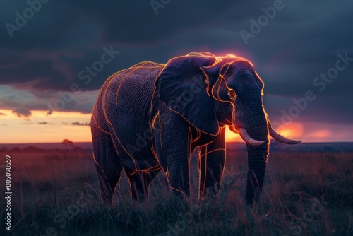 A solitary elephant bathed in the soft glow of dusk, its heliotrope skin glistening against the fading light. Gold lines trace its majestic form, standing in stark contrast to the darkening sky photo