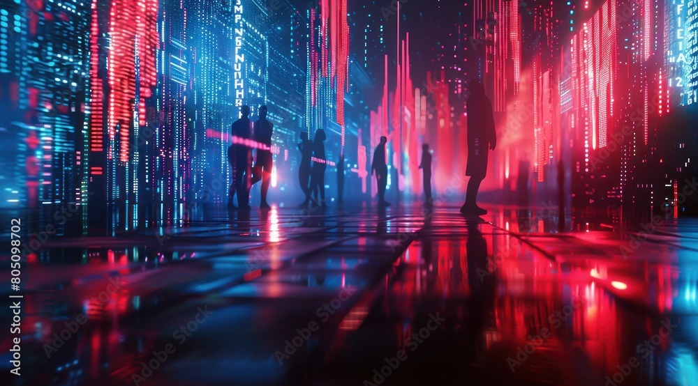 Obraz premium Exploration du monde numérique, lumières, ombres et tendances des marchés financiers et commerciaux.