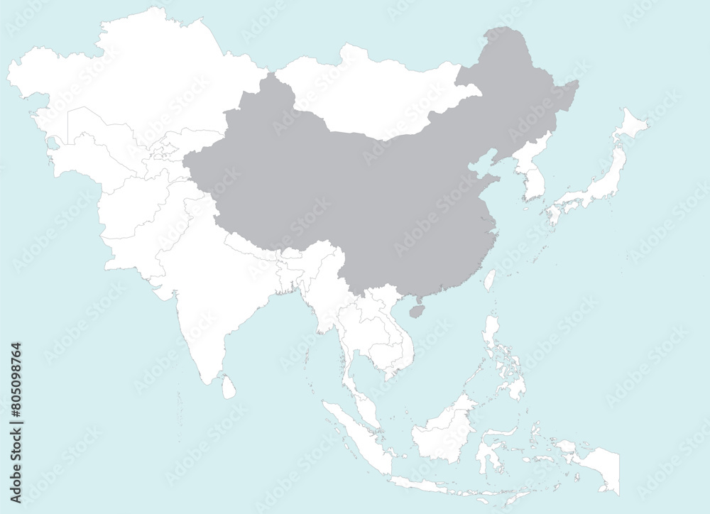 Highlighted grey map of CHINA inside white detailed blank political map of Asia on blue background, without the Middle East and Russia