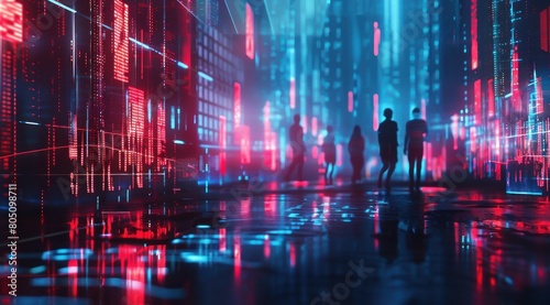Dans le monde numérique, les lumières rouges et bleues guidant les marchés financiers et commerciaux.
