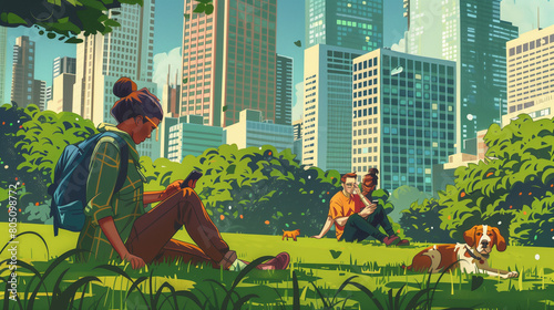 An illustration depicts a couple sitting in the park, reading and relaxing, while their dog walks around them. Tall buildings in New York City are visible in the background. 