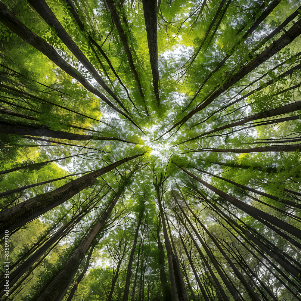 Immersive and tranquil forest canopy perspective with lush greenery. Providing a stunning upward view of the dense woodland Immersive and tranquil forest canopy perspective with lush greenery. Providing a stunning upward view of the dense woodland