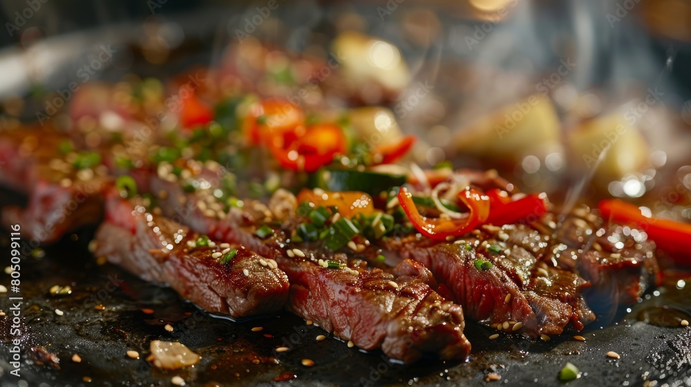 Beef with Vegetables Cooked to Perfection on a Hot Plate in Authentic Japanese Style Beef with Vegetables Cooked to Perfection on a Hot Plate in Authentic Japanese Style